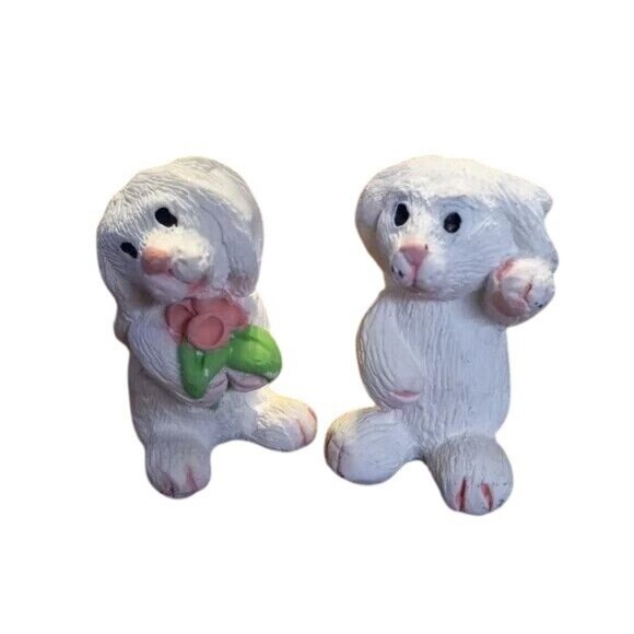 Easter Rabbit Set Of 4 White Resin Bunny Figurines Pink Green Accents Miniature - Picture 9 of 11